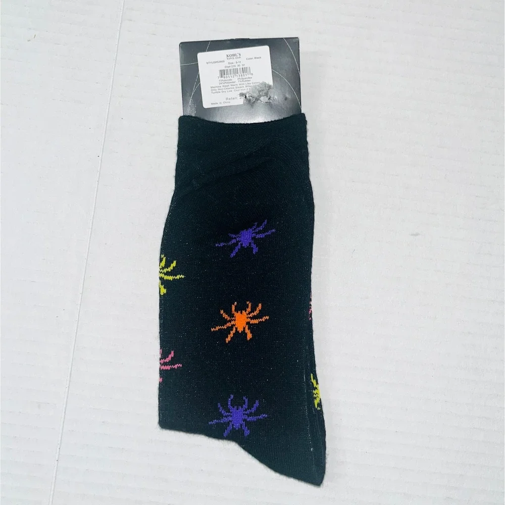 Kohls Halloween Socks Womens Black Neon Spider Pattern Crew Socks Size 9-11 NEW